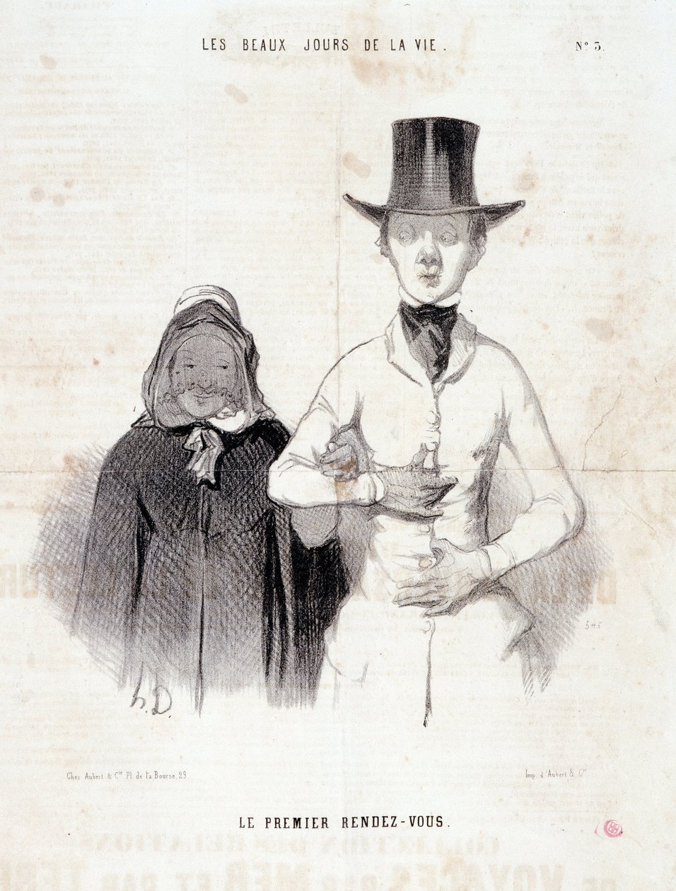 كارتون عن الزوجين: Serie "" The Beautiful Days of Life "": "الموعد الأول" ". نقش هونور داوميير (1808-1879). مقتطف من جريدة "Le Charivari" ، 2-3 كانون الثاني بواسطة الشرف دومييه