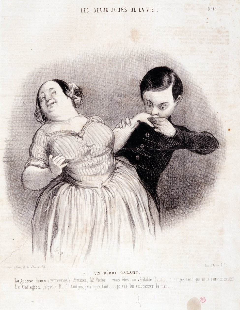 كارتون عن الزوجين. سلسلة "" أيام الحياة الجميلة ":" "بداية شجاعة ..." نقش بقلم Honore DAUMIER (1808-1879). مقتطف من جريدة "Le Charivari" في 10 يوليو بواسطة الشرف دومييه