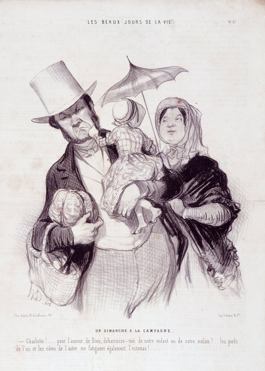 كارتون عن الأسرة. سلسلة "" أيام الحياة الجميلة ": يوم أحد في الريف ..." نقش بقلم Honore DAUMIER (1808-1879). مقتطف من جريدة "Le Charivari" في 21 يوليو بواسطة الشرف دومييه