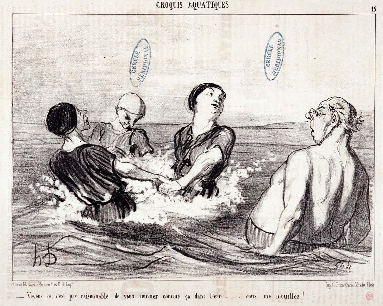 كارتون عن السياح في عطلة في البحر. سلسلة "" Les Bains de Mer "": "" رسم مائي. دعونا نرى أنه ليس من المعقول أن تحركك هكذا في الماء ... لقد بللتني! " نقش هونور داوميير (1808-1879). مقتطف من جريدة "" لو شاريف بواسطة الشرف دومييه