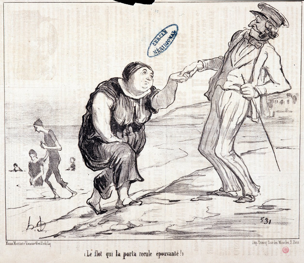 كارتون عن السياح في إجازة. سيري "" Ax Bains de Mer: "" الفيضان الذي أعادها مرعب! نقش هونور داوميير (1808-1879). مقتطف من جريدة "Le Charivari" " بواسطة الشرف دومييه