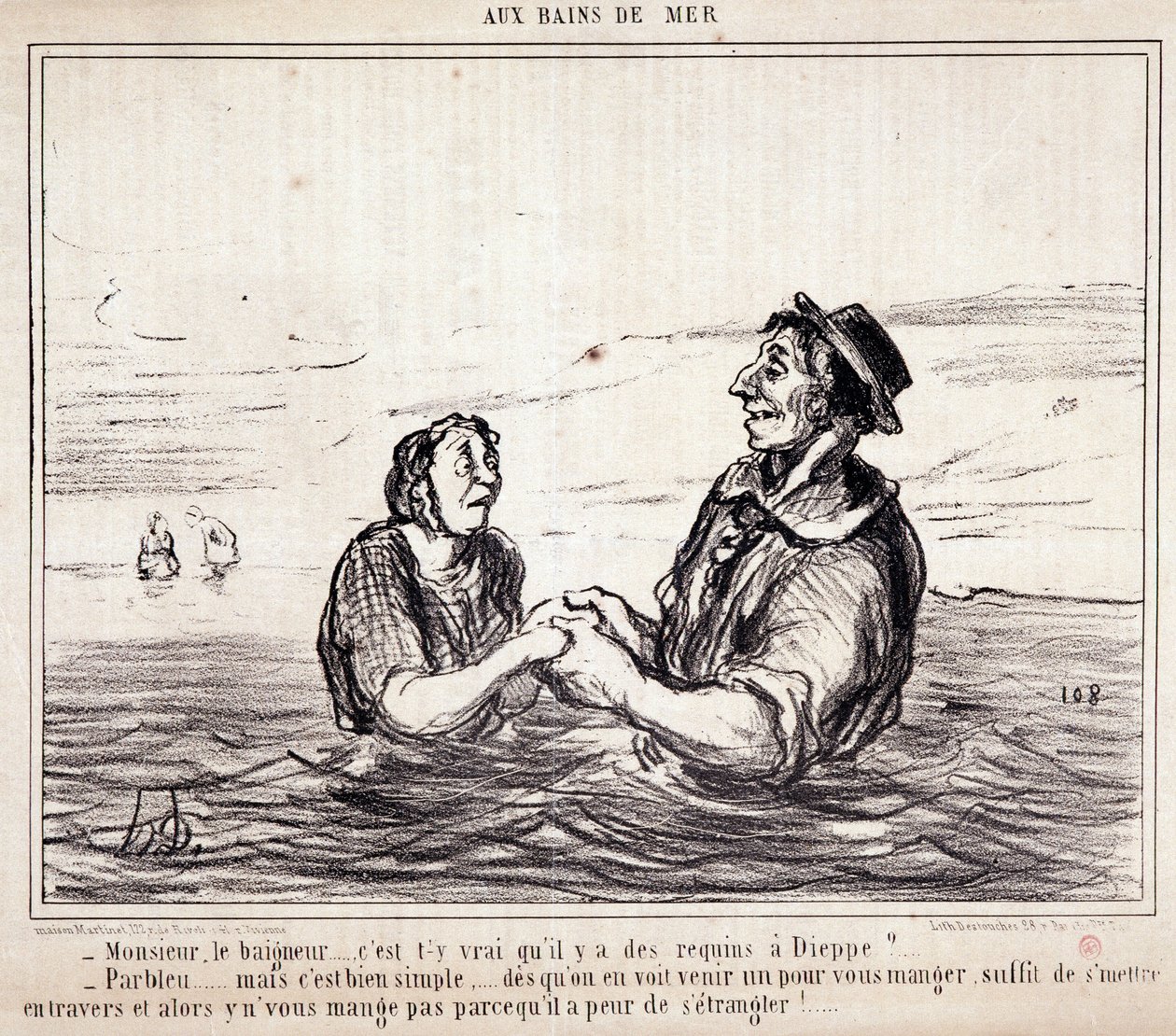 كارتون عن السياح في إجازة. Serie "" aux Bains de Mer "": "" Monsieur le bathneur ... هل صحيح أن هناك أسماك قرش في Dieppe؟ ... "نقش بواسطة Honore DAUMIER (1808-1879). مقتطف من جريدة "Le Charivari" في 8 حزيران (يو بواسطة الشرف دومييه