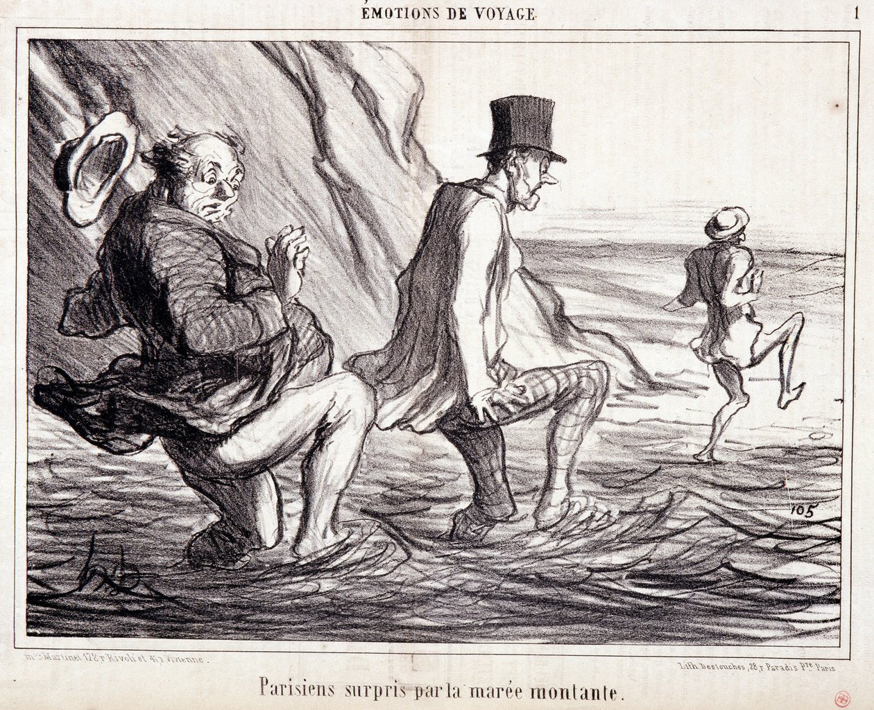 كارتون عن السياح في إجازة. سلسلة "" Ax Bains de Mer: "" عواطف السفر. القبض على الباريسي من قبل ماري الصاعد "". نقش هونور داوميير (1808-1879). مقتطف من جريدة "Le Charivari" في 8 أكتوبر بواسطة الشرف دومييه