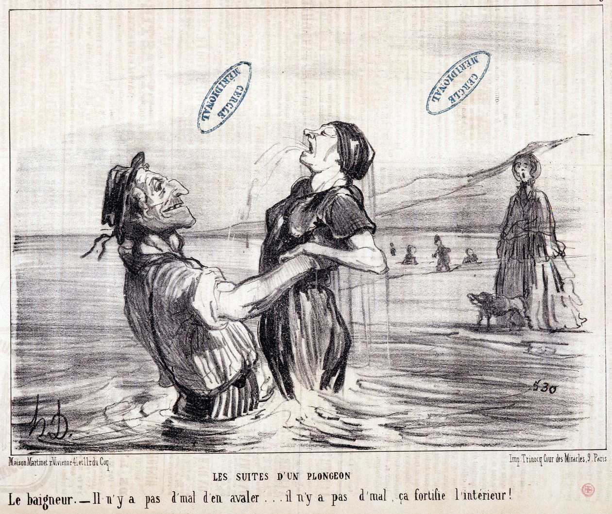 كارتون عن السياح في إجازة. سلسلة "" Les Bains de Mer "": "" رسم مائي. تسلسل الغوص "". نقش هونور داوميير (1808-1879). مقتطف من جريدة "لو شريفاري" عام 1853. الأبعاد: 24 × 28 سم. رقم الفاتورة 2453 - صندوق 12 ر بواسطة الشرف دومييه
