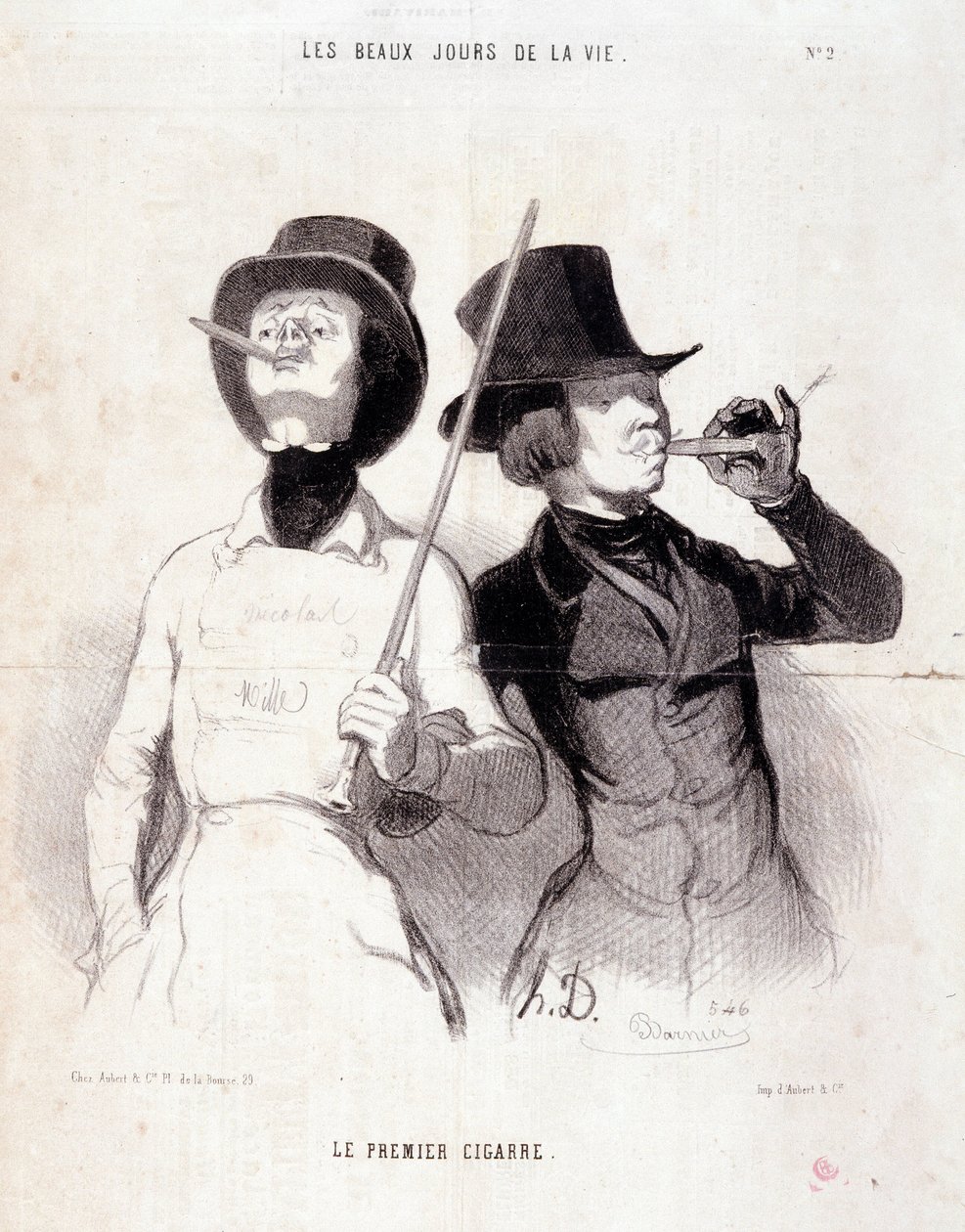 كارتون عن الشباب Dandys. سلسلة "" أيام الحياة الجميلة ":" "السيجار الأول" ". نقش هونور داوميير (1808-1879). مقتطف من جريدة "Le Charivari" بتاريخ 31 ديسمبر 1843 Dim 37x25cm Inv 1089 - box 8 N¡2. مرسيليا ، متحف ال بواسطة الشرف دومييه