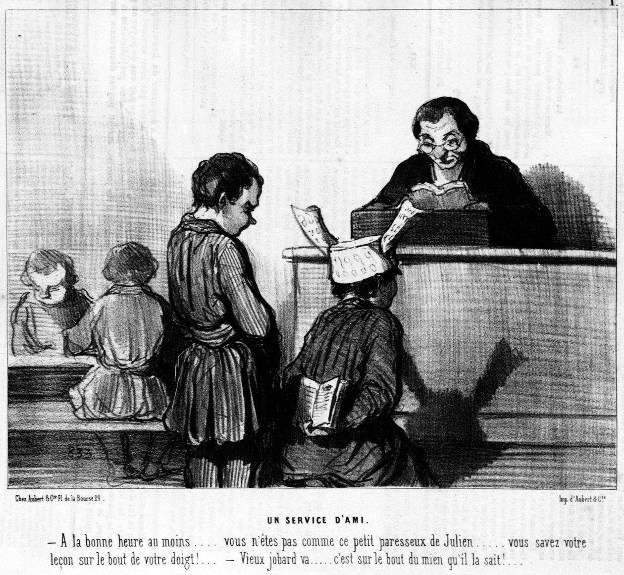 كارتون من قبل Daumier عن الذرة وتلاميذ المدارس. "" خدمة صديق ": - على الأقل في الوقت المناسب ... لست مثل جوليان الصغير الكسول ... أنت تعرف درسك بلمسة من إصبعك! - يذهب جوبارد القديم ... إنه على رأس ما يعرفه بواسطة الشرف دومييه