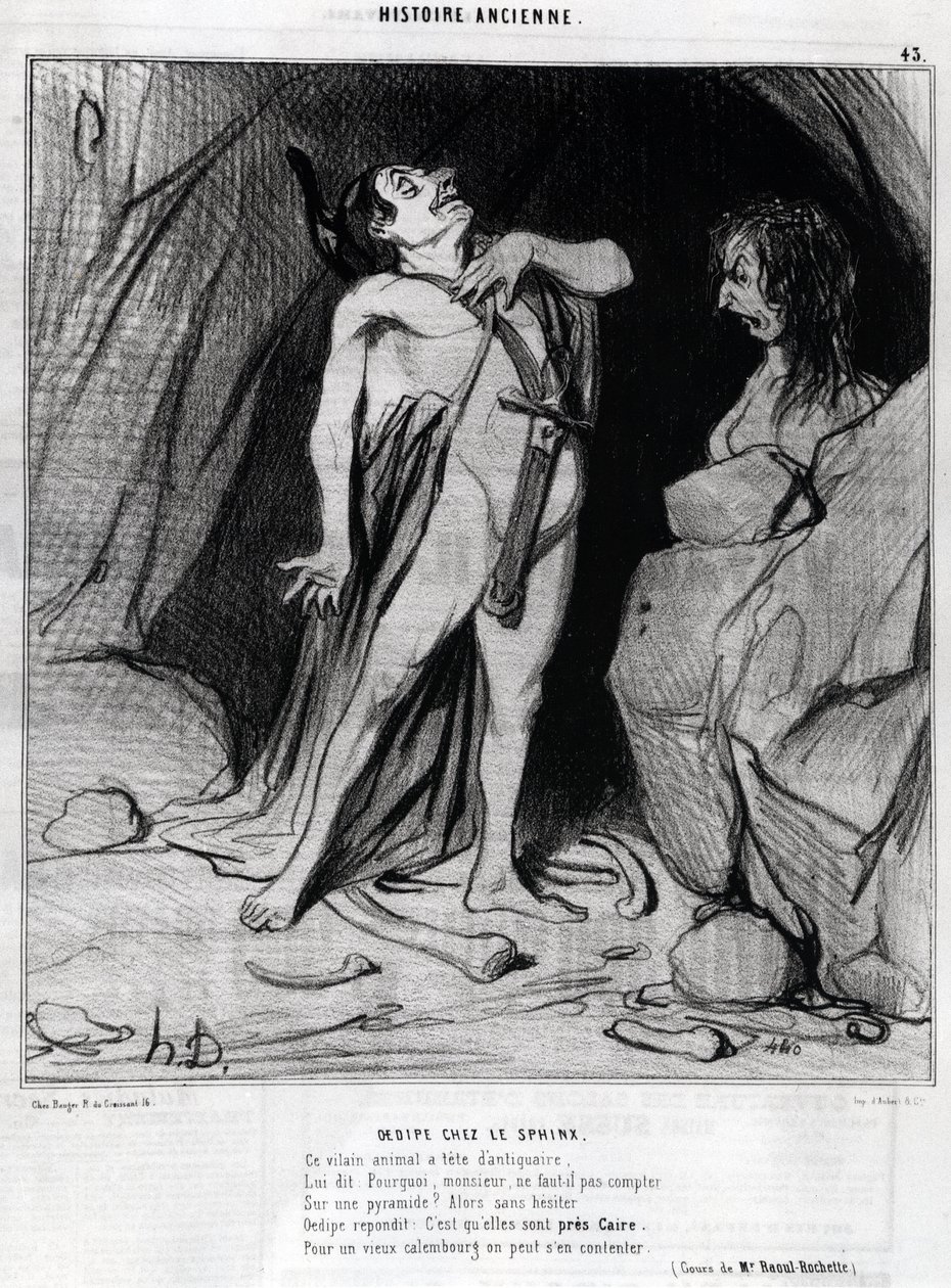 رسم كاريكاتوري لـ Honore Daumier عن أوديب وأبو الهول ، في "" Charivari ، 12 ديسمبر بواسطة الشرف دومييه