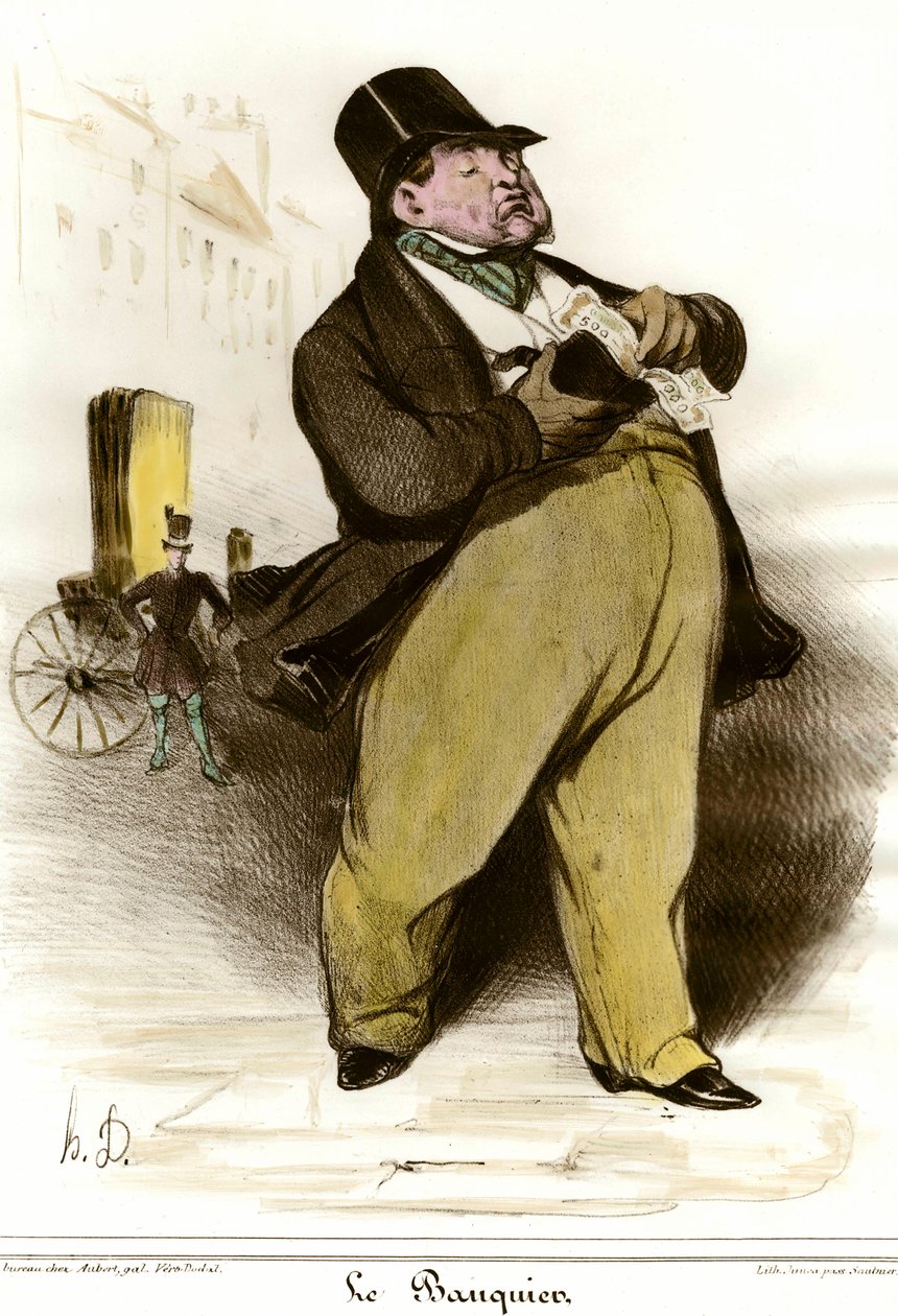 رسم كاريكاتوري للمصرفي رسمه هونور دومير (1808-1879) من "The Charivari" 1835. مجموعة خاصة بواسطة الشرف دومييه