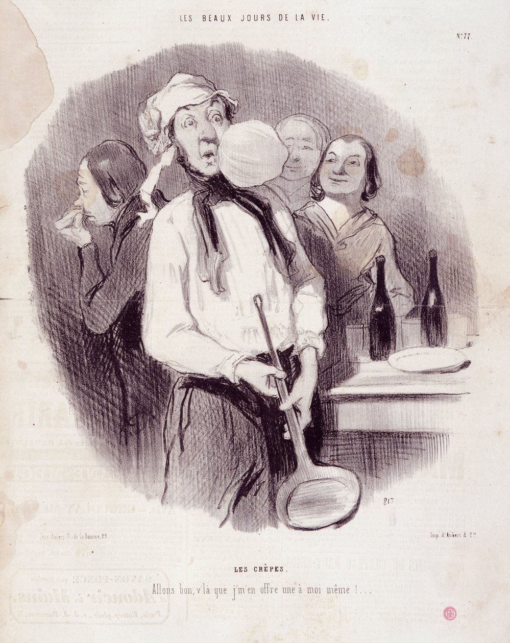 كارتون لرجل أخرق. Serie "" Les Beaux Days de la Vie ":" "Les crepes ..." "نقش بواسطة Honore DAUMIER (1808-1879). مقتطف من جريدة "لو شريفاري" 14 تشرين الثاني (نوفمبر) بواسطة الشرف دومييه
