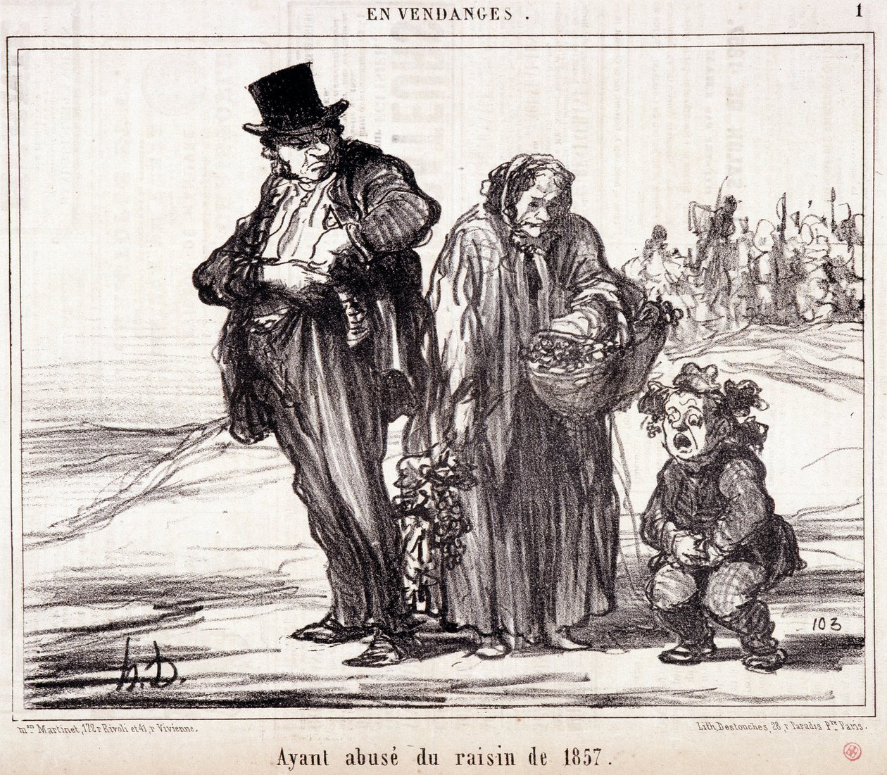 كارتون عن زراعة الكروم. Serie "" Autumn Sketch ":" "In Harvest. وجود إساءة لعنب 1857 "" نقش بواسطة Honore DAUMIER (1808-1879). مقتطف من جريدة "لو شاريفاري" 16 أكتوبر بواسطة الشرف دومييه