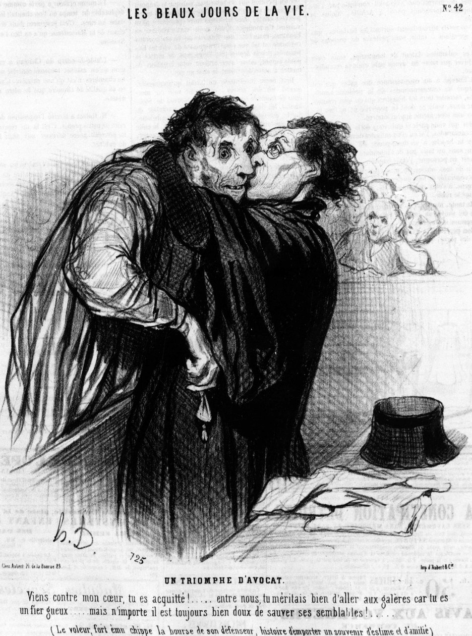 تعال ضد قلبي ، لقد تمت تبرئتك! بيننا ، لقد استحقت الذهاب إلى القوادس لأنك خنزير فخور ... ولكن من الجميل دائمًا إنقاذ زملائك الرجال! ... ، مأخوذ من "Beaux jours de la vie" ، سلسلة من الرسوم الكاريكاتورية عن العدالة بواسطة Honore Dau بواسطة الشرف دومييه