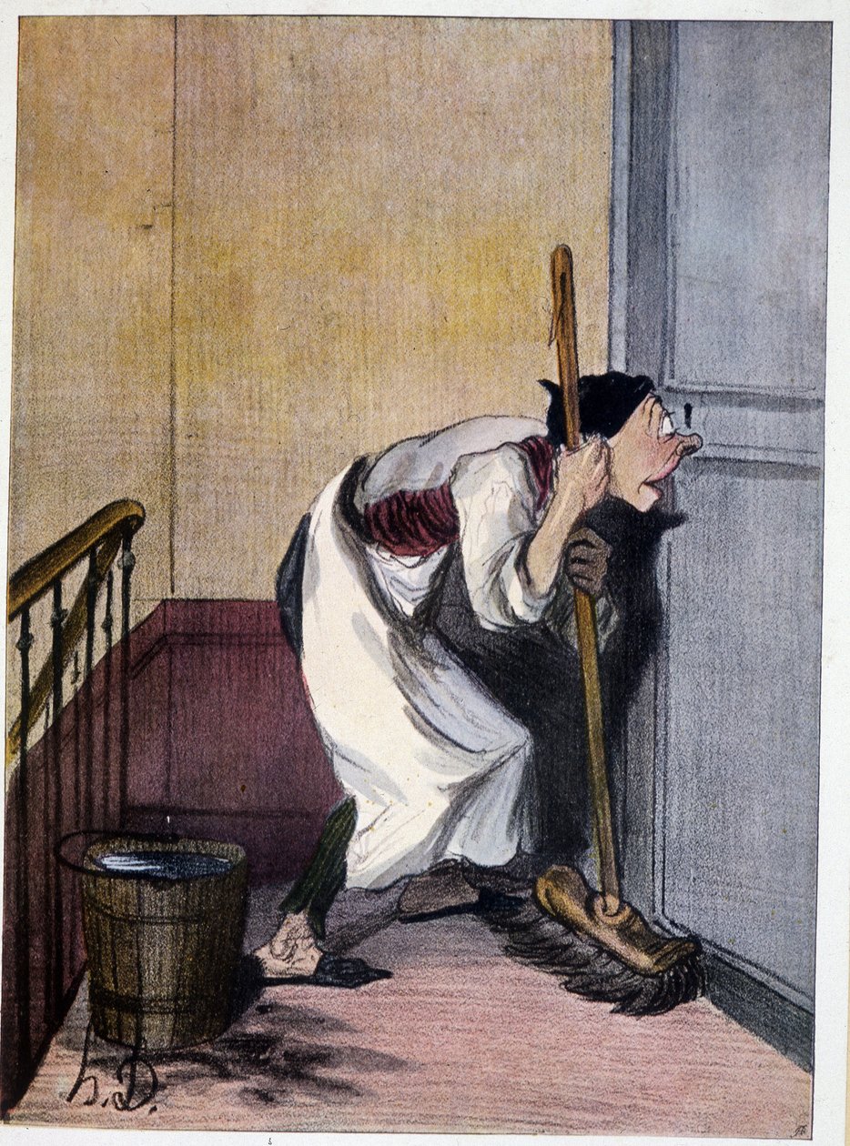 بواب يبحث من خلال ثقب المفتاح - رسم Daumier ، رقم 19. بواسطة الشرف دومييه