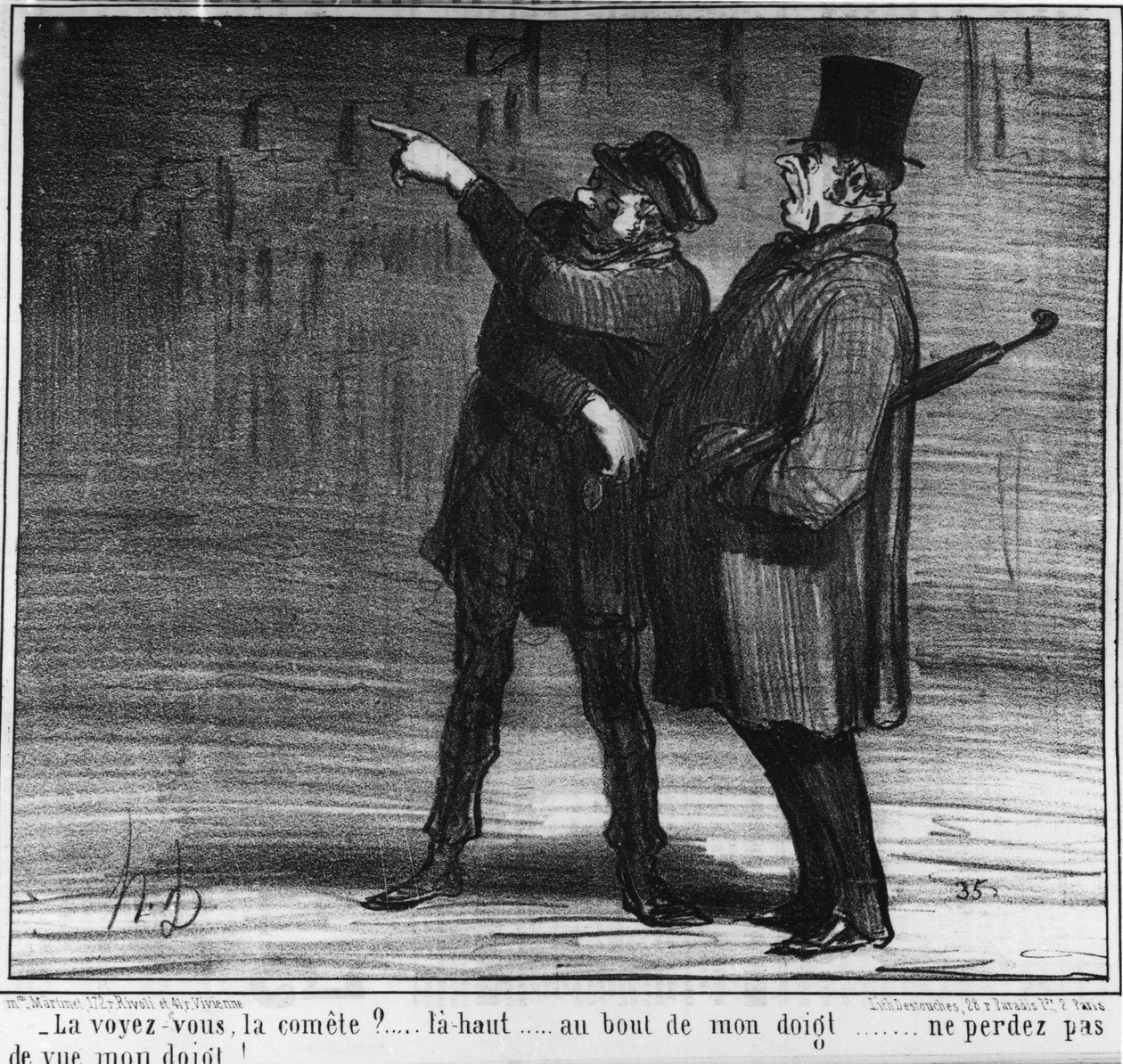 هل ترى المذنب؟ فوق ... في نهاية إصبعي ... لا تغفل عن إصبعي! ... ، رسم كاريكاتوري بواسطة Honore Daumier (1808-1879). "Charivari" بواسطة الشرف دومييه