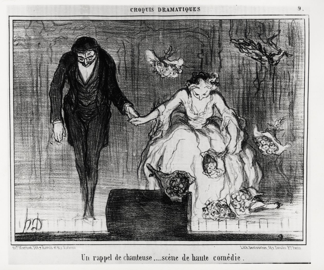 اسكتشات درامية: تذكير مغني ، مشهد كوميدي عالي. رسم توضيحي من قبل Honore Daumier (1808-1879) ، نُشر في "" Charivari "، بتاريخ 9 يناير بواسطة الشرف دومييه