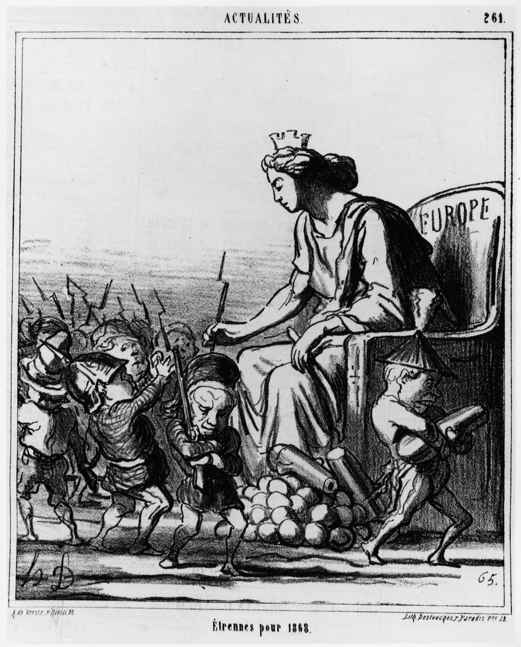 أوروبا: أجنبية لعام 1868. توزع أوروبا البنادق والمدافع لكل ممثل من الدول ، يمكن التعرف عليها من خلال قبعتها. رسم إيضاحي هونور دومير (1808-1879) ، نُشر في الأخبار ، "Charivari" ، بتاريخ ٢٣ ديسمبر ١٨٦٧. بواسطة الشرف دومييه