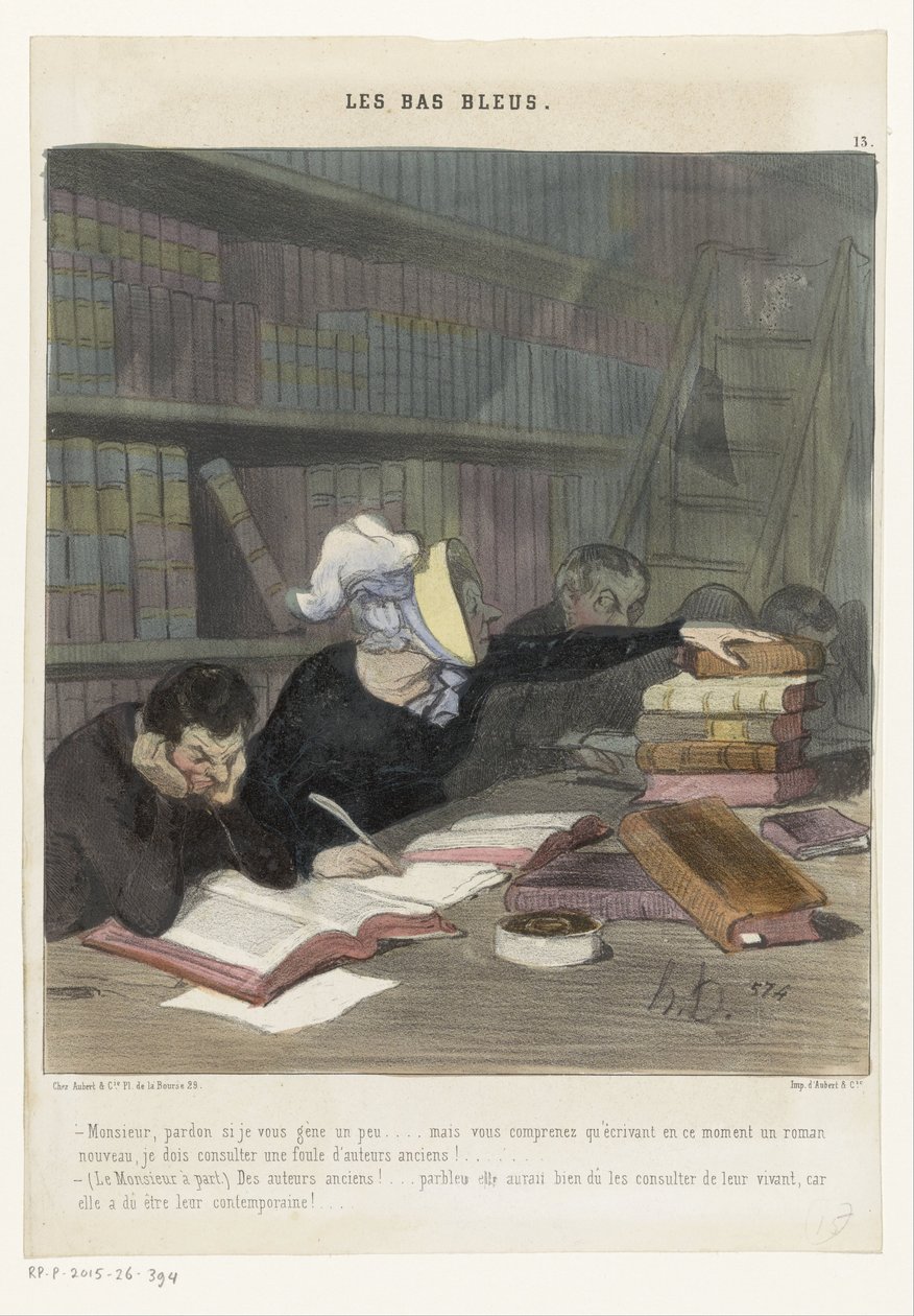 شخصيات خلف طاولة قراءة في مكتبة عامة Les Bas Bleus (عنوان المسلسل على الكائن) بواسطة الشرف دومييه