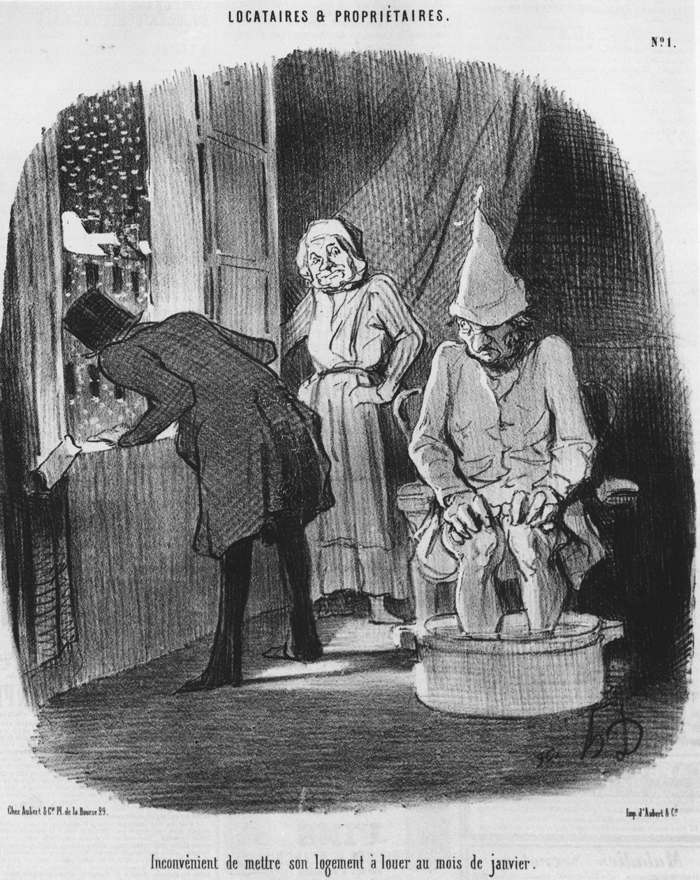 من غير المناسب أن يطرح مسكنه للإيجار في كانون الثاني (يناير) ، مأخوذ من "" Tenants et Owners "، سلسلة رسوم متحركة من تأليف Honore Daumier (1808-1879). "Charivari" بواسطة الشرف دومييه