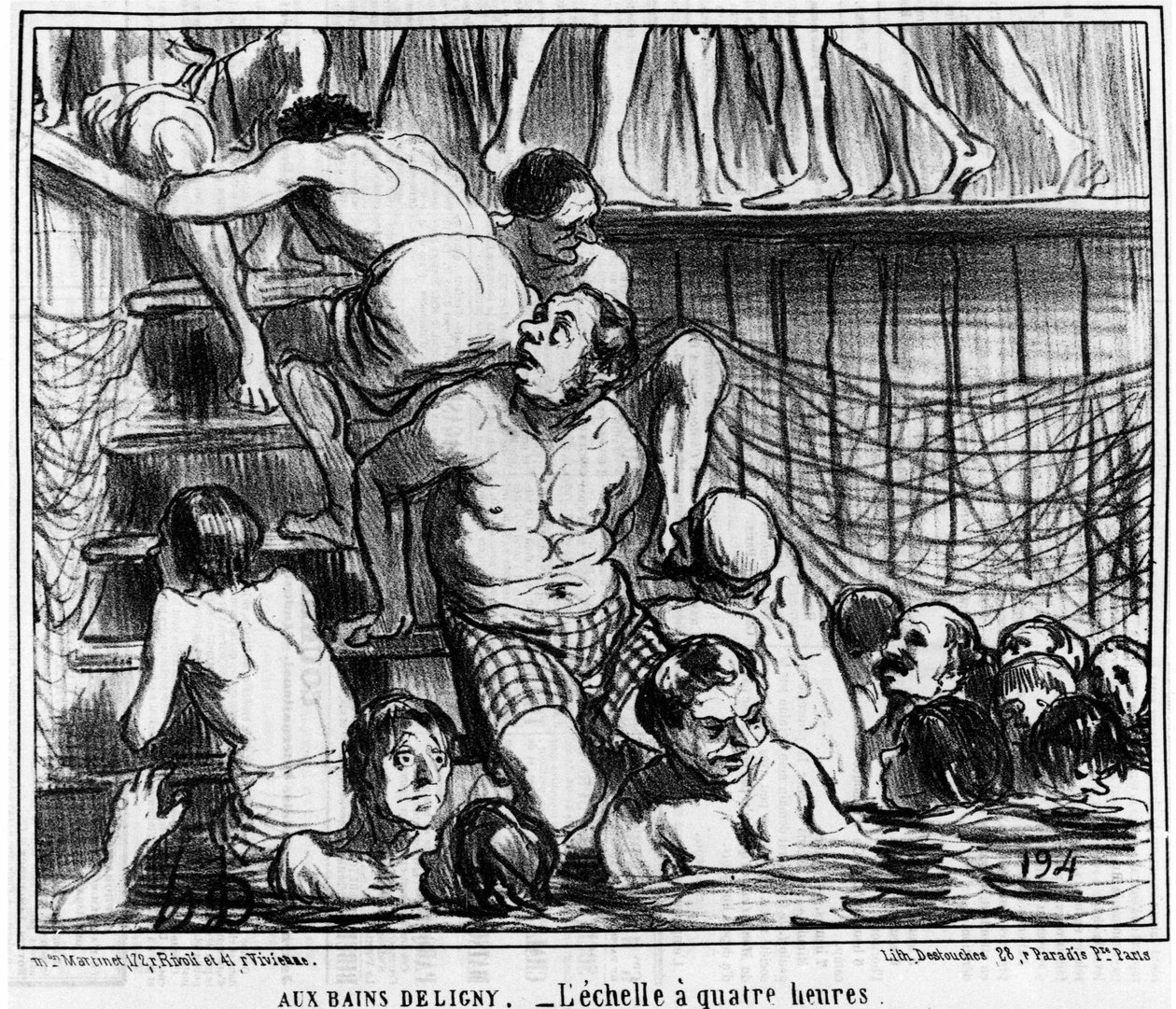 Les bains Deligny - مقياس الأربع ساعات: رسم توضيحي من سلسلة الرسوم المتحركة "" Sketch d'Ete "عن السباحة والحمامات Deligny بواسطة Honore Daumier (1808-1879). "Charivari" بواسطة الشرف دومييه