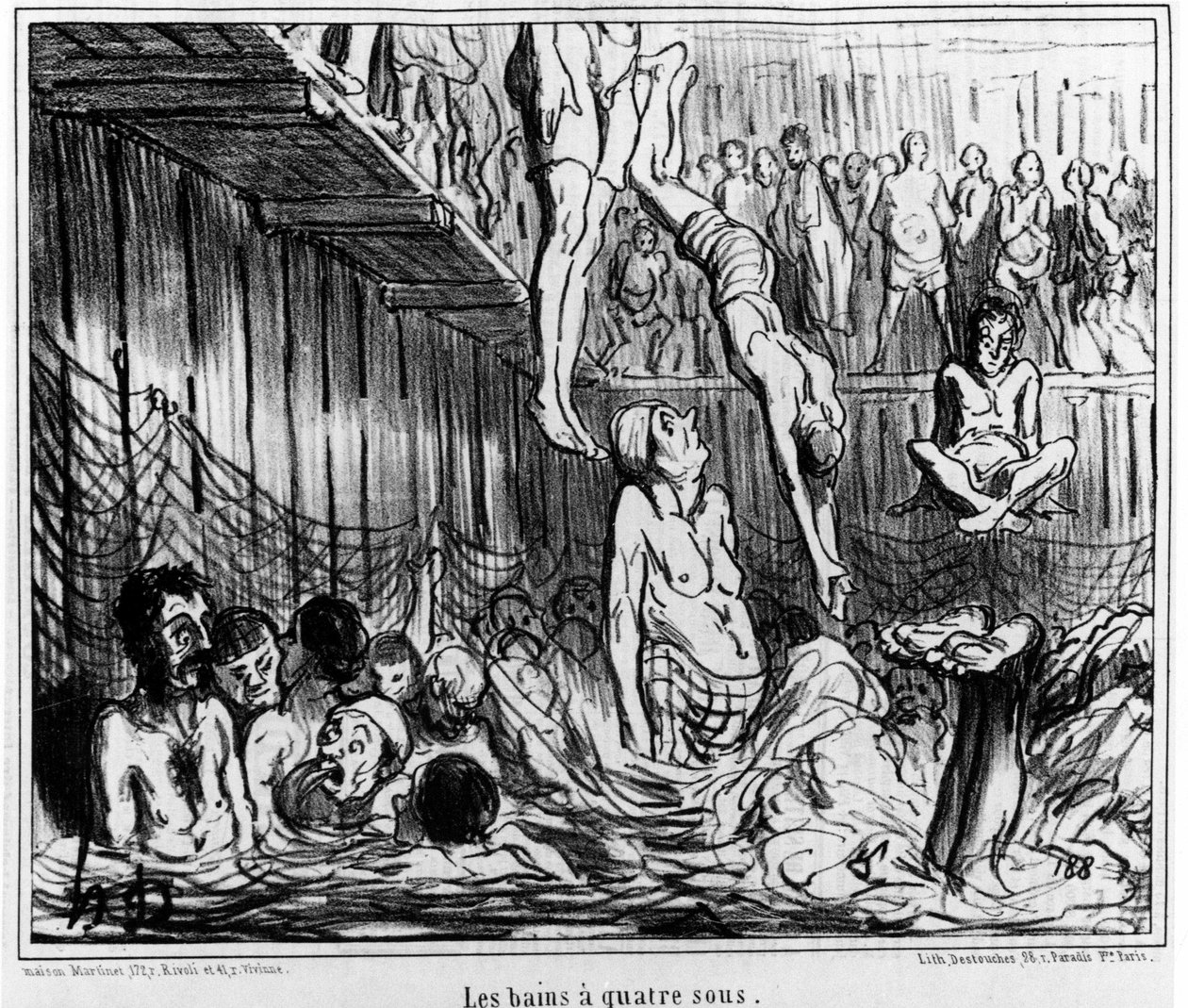 Les bains à foursous: رسم إيضاحي مأخوذ من سلسلة الرسوم الكاريكاتورية "" Sketch d'Ete "عن السباحة والحمام ذي الأربع نقوش بواسطة Honore Daumier (1808-1879). "Charivari" بواسطة الشرف دومييه