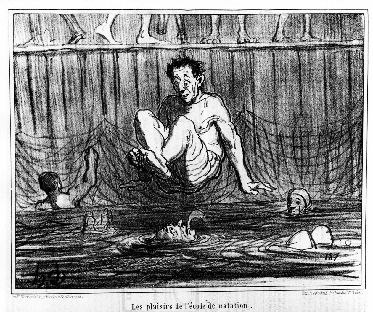 Les plaisirs de l'Ecole de Swimming: رسم توضيحي مأخوذ من سلسلة الرسوم المتحركة "" Sketch d'Ete "عن الحمامات والسباحة بواسطة Honore Daumier (1808-1879). "Charivari" بواسطة الشرف دومييه