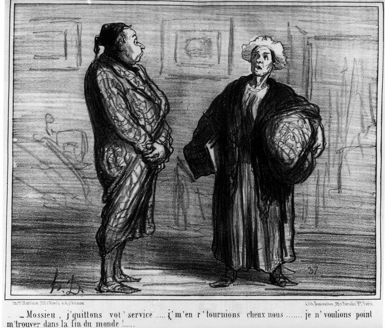 Mossieu ، أترك خدمتك ... لم أرغب في أن أكون في نهاية العالم! ... رسوم متحركة بواسطة Honore Daumier (1808-1879). "Charivari" بواسطة الشرف دومييه