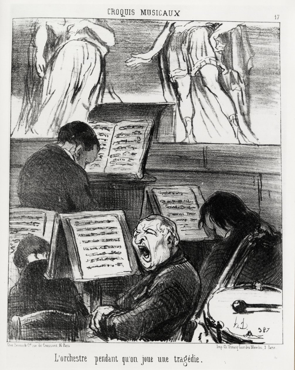اسكتشات موسيقية: الأوركسترا أثناء عزف التراجيديا. إيضاح هونور دومير (1808-1879) ، نُشر في "Charivari" ، بتاريخ ٥ أبريل ١٨٥٢. بواسطة الشرف دومييه