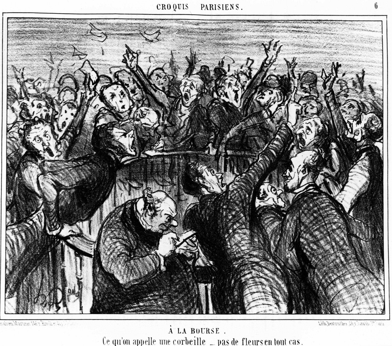 على المحفظة ، ما يسمى سلة ، لا زهور بأي حال: سلسلة من الرسوم الكاريكاتورية على حقيبة Honore Daumier (1808-1879). "Charivari" بواسطة الشرف دومييه