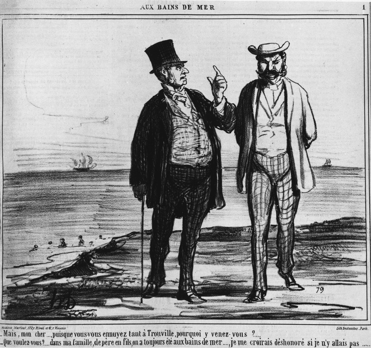 Seaside baths: Parisians on a Trouville beach of the weight of traditions and family habits - by Honore Daumier, in “” Charivari”” from 25/08/1859 بواسطة الشرف دومييه