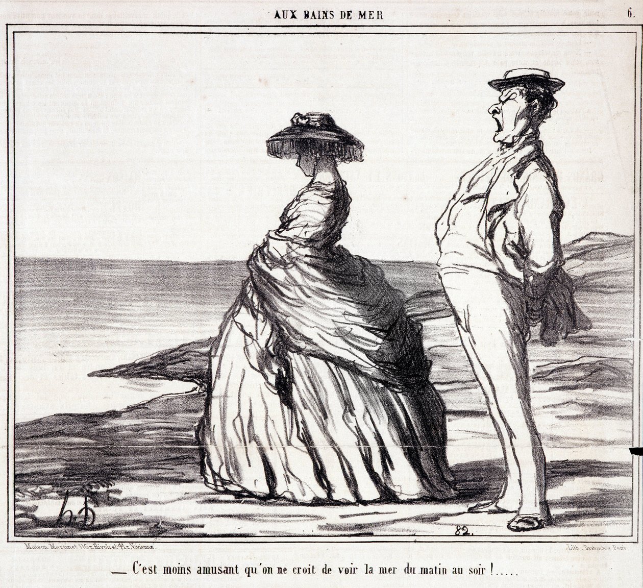 Serie "" Les Bains de Mer "": "" إن رؤية البحر من الصباح إلى المساء أقل متعة مما تعتقد! "" كارتون عن السياح في إجازة. نقش هونور داوميير (1808-1879). مقتطف من جريدة "Le Charivari" 9 سبتمبر بواسطة الشرف دومييه