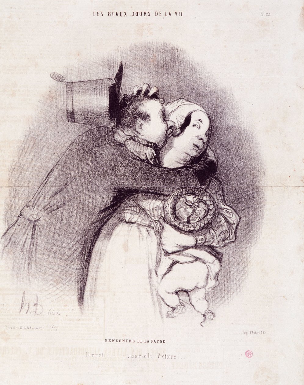 سلسلة "" أيام الحياة الجميلة "": لقاء الوطن ... "". نقش هونور داوميير (1808-1879). مقتطف من جريدة "Le Charivari" في 8 سبتمبر بواسطة الشرف دومييه