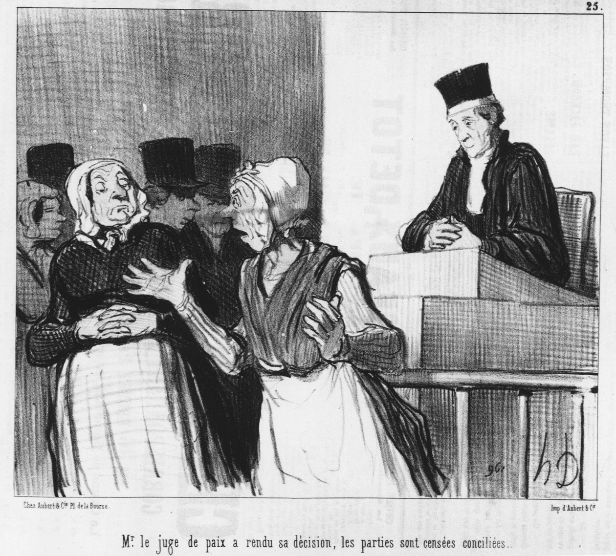 أصدر قاضي الصلح قراره ، ومن المفترض أن يتصالح الطرفان ... رسم كاريكاتوري من قبل Honore Daumier (1808-1879). "شريفاري". بواسطة الشرف دومييه