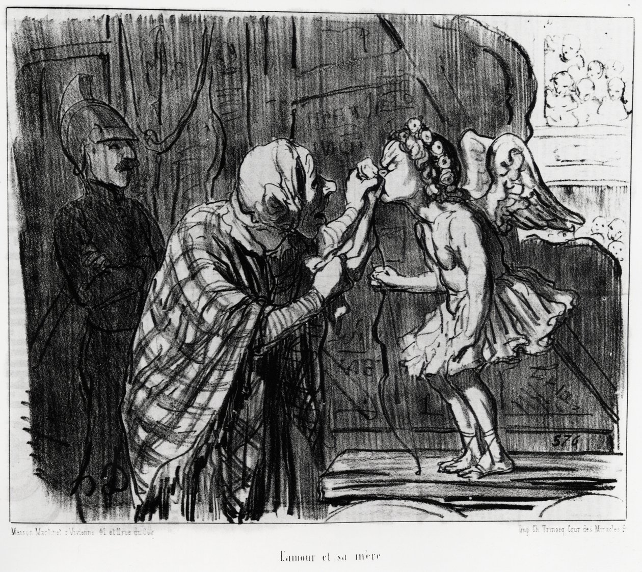 رسم مسرحي: الحب والأم. إيضاح هونور دومير (1808-1879) ، نُشر في الأخبار في "" Charivari "، بتاريخ ١٩ ديسمبر ١٨٥٣. بواسطة الشرف دومييه
