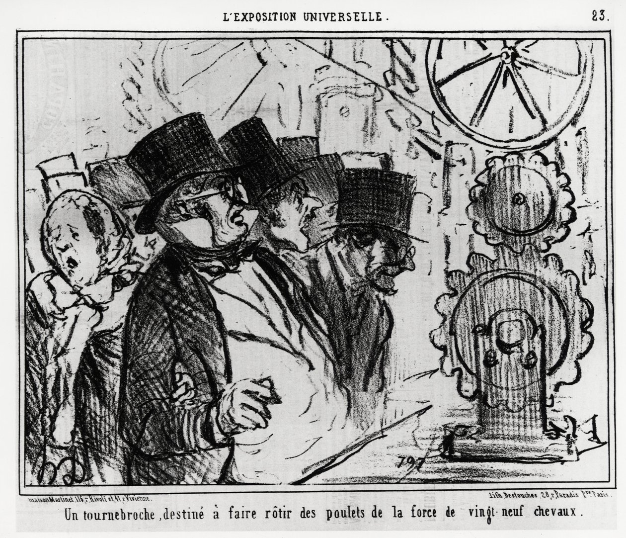 المعرض العالمي: قرص دوار مصمم لتحميص الدجاج بقوة تسعة وعشرين حصاناً. رسم توضيحي من قبل Honore Daumier (1808-1879) ، نُشر في الأخبار ، "Charivari" ، بتاريخ 20 يوليو 1855. بواسطة الشرف دومييه