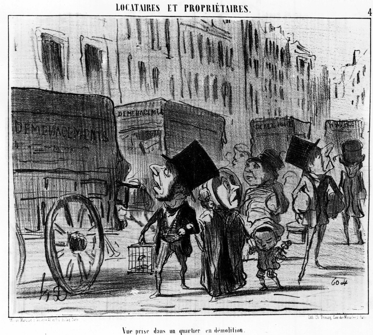 منظر تم التقاطه في حي مدمر ، مأخوذ من "" Tenants et Proprietaires "، سلسلة رسوم متحركة من تأليف Honore Daumier (1808-1879). "Charivari" بواسطة الشرف دومييه