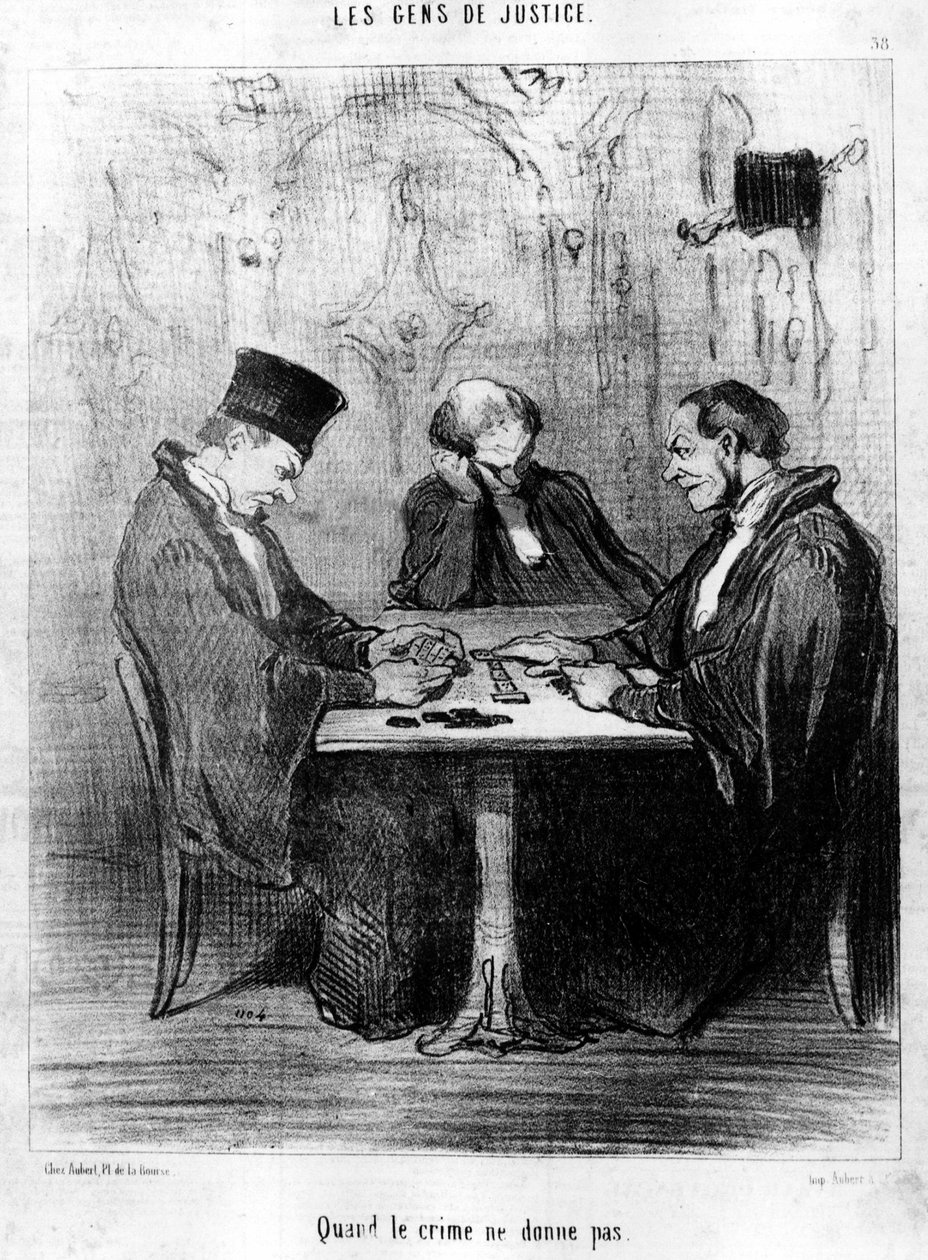 عندما لا تعطي الجريمة ، مأخوذة من سلسلة الرسوم الكاريكاتورية "Gens de Justice" عن العدالة بقلم Honore Daumier (1808-1879). "Charivari" بواسطة الشرف دومييه