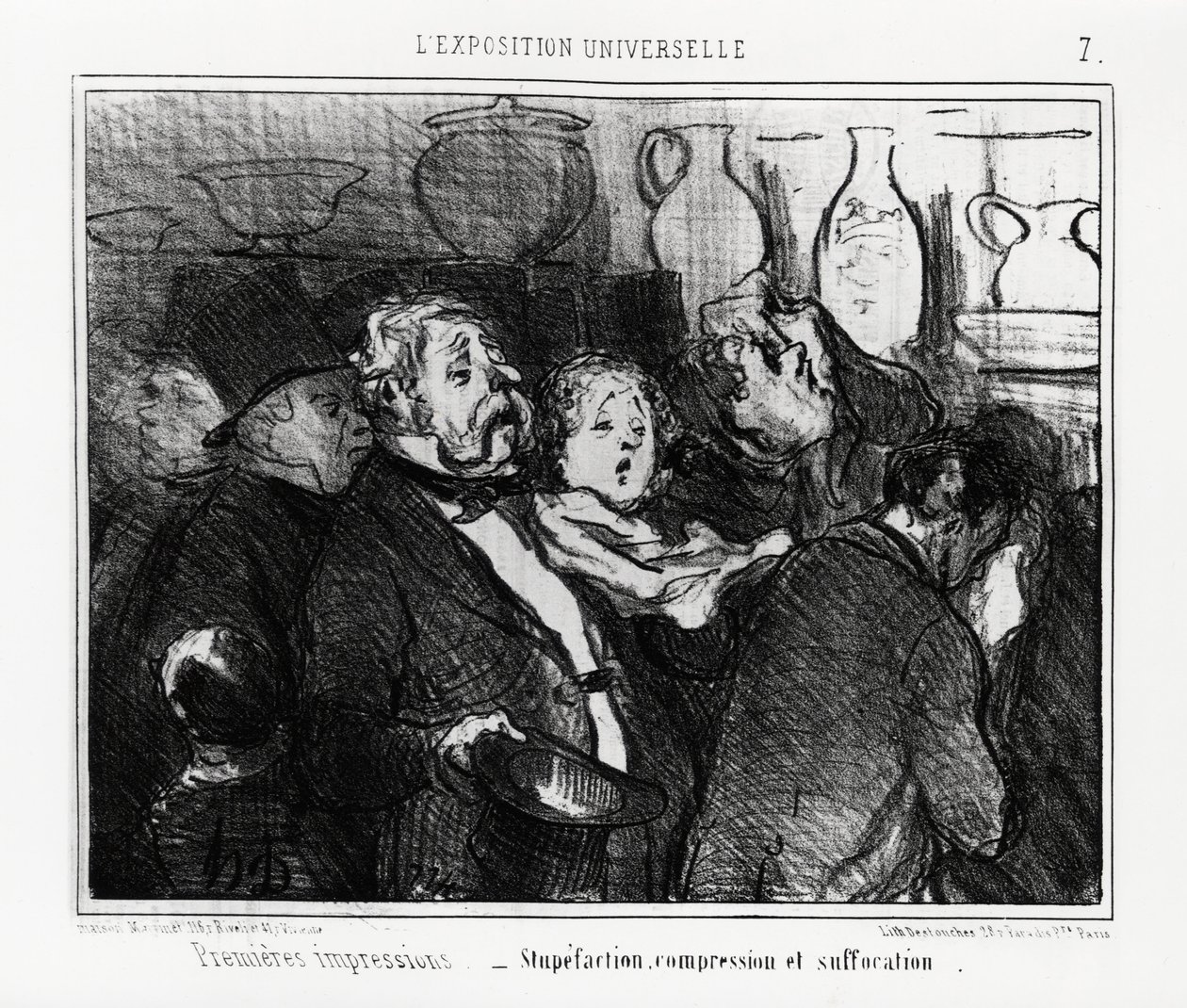 المعرض العالمي: الانطباعات الأولى: الذهول والضغط والاختناق. رسم توضيحي من قبل Honore Daumier (1808-1879) ، نُشر في الأخبار ، "Charivari" ، بتاريخ ٢٤ مايو ١٨٥٥. بواسطة الشرف دومييه
