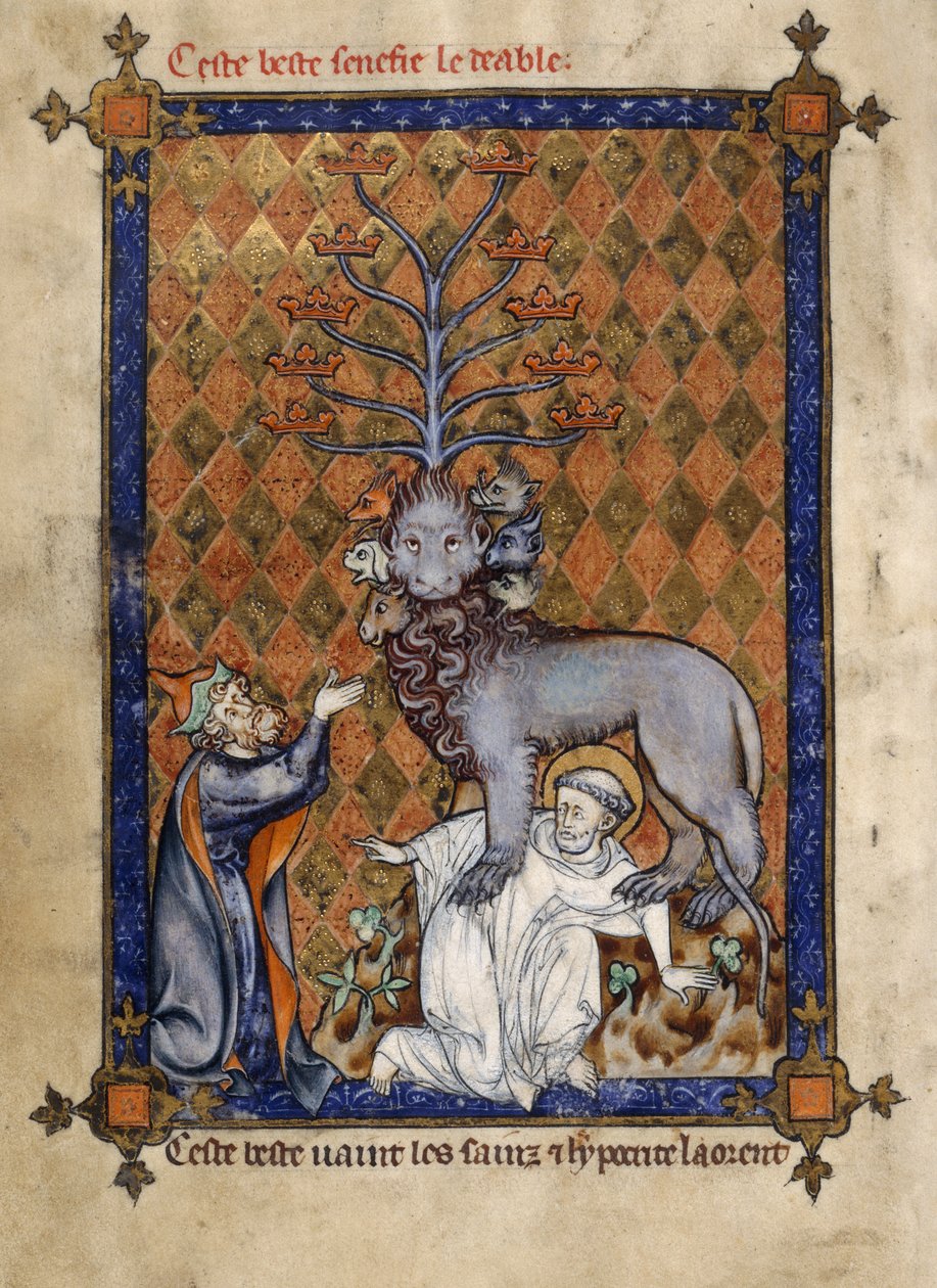 يضيف. 54180، f.14v وحش نهاية العالم ، يدوس على قديس ويعشقه منافق راكع ، رسم توضيحي من "La Somme le Roy" بواسطة Frère Laurent (حبر ، لون وذهب على ورق) بواسطة هونور مايتر