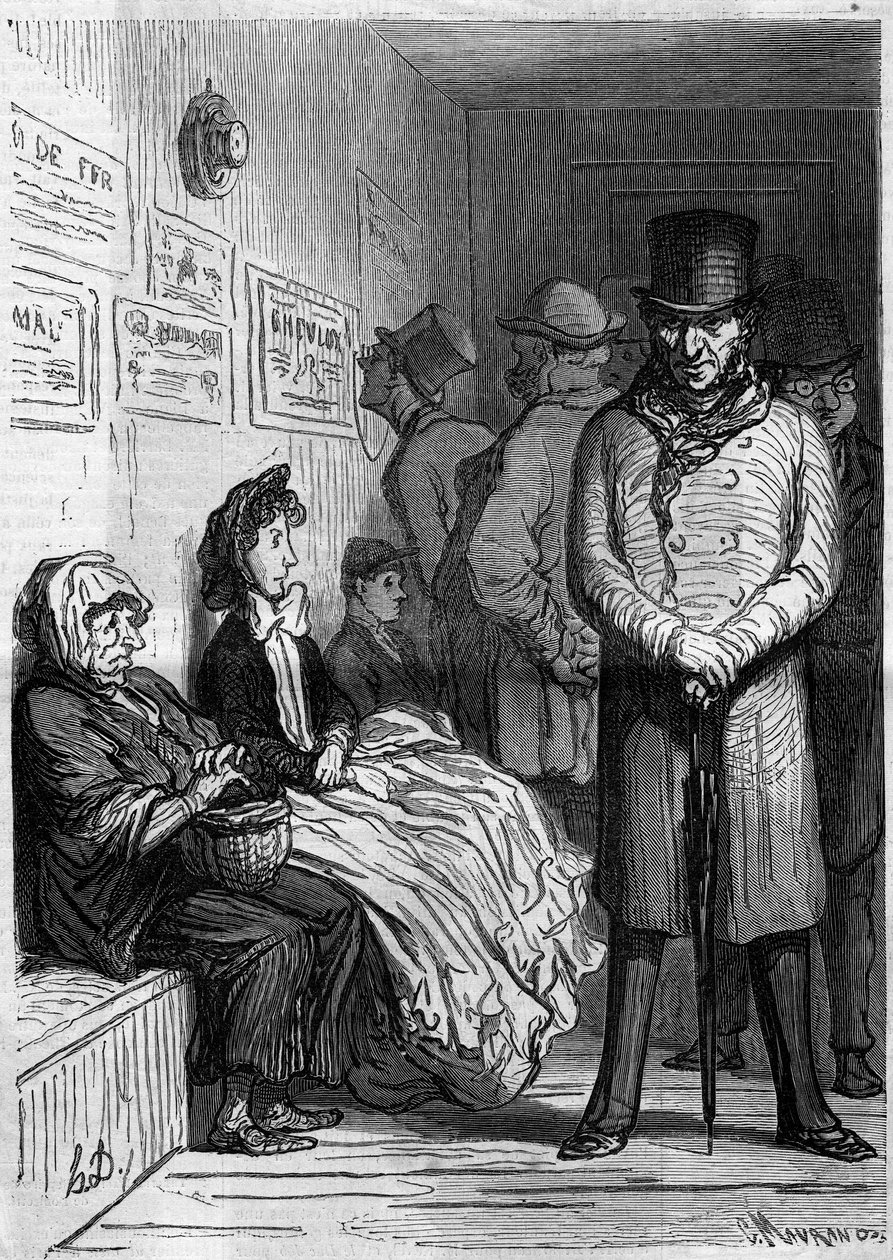 مكتب انتظار شامل. كارتون من قبل هونور دومير (1808-1879). نقش في "" Le Monde Illustré "" رقم 257 بتاريخ 15 مارس 1862. بواسطة الشرف دومييه
