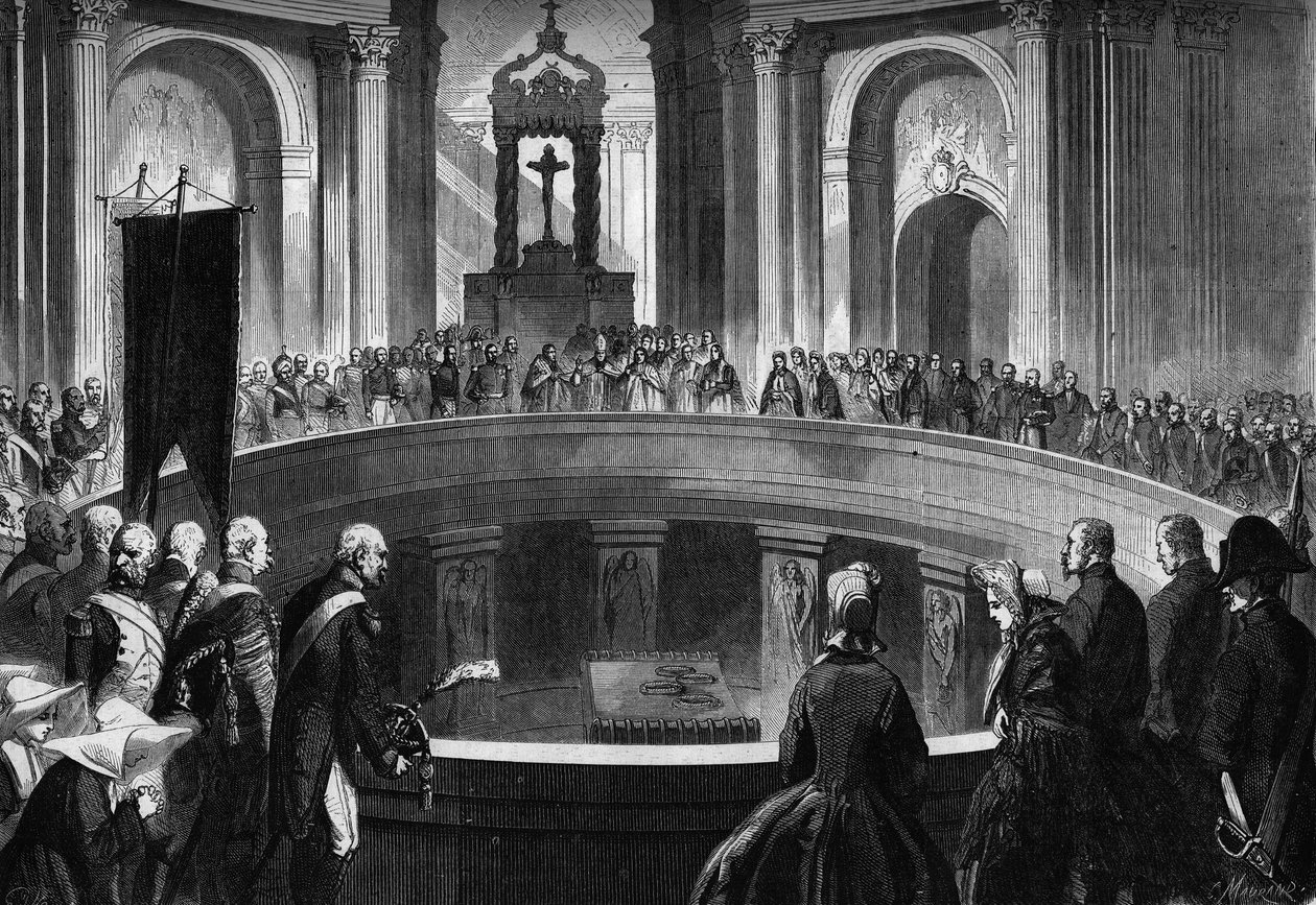 ذكرى وفاة نابليون الأول في 5 مايو 1863: قداس تذكاري في Invalides ، باريس ، بحضور جنود سابقين في الجيش النابليوني. نقش في "Le Monde Illustre" رقم 318 بتاريخ 16 مايو 1863. بواسطة الشرف دومييه
