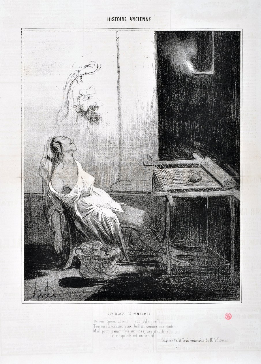 العمل الفني من قبل Honore Daumier (1808-1879) يعود تاريخ Charivari إلى عام 1842: Serie HISTORIE ANCIE Les Nuits de Penelope "" من الصورة الشخصية الرائعة التي غاب عنها ، إلى الأبد إلى عينيه اللطيفتين مثل نجم يهدف إلى نسج ثلاث سنوات وماكره وحياته ق بواسطة الشرف دومييه