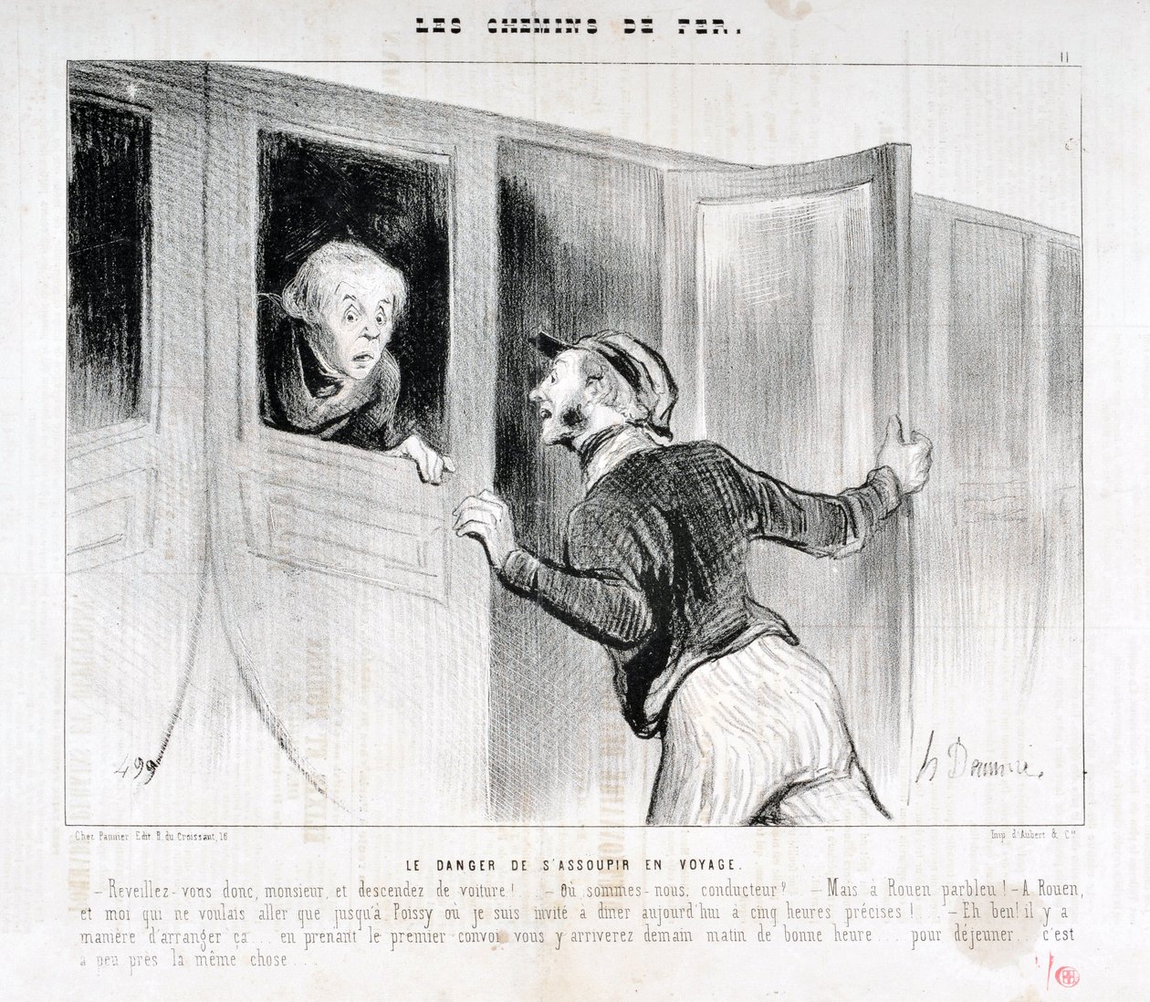عمل فني من قبل هونور دومير (1808-1879). يعود تاريخ Charivari إلى عام 1843: Serie LES RAILWAYS خطر النوم في رحلة "" - استيقظ سيدي وانزل من السيارة! - إلى أين نقود؟ - لكن روان باربلو! - في روان وأنا الذي أردنا فقط الذهاب إلى Poiss بواسطة الشرف دومييه