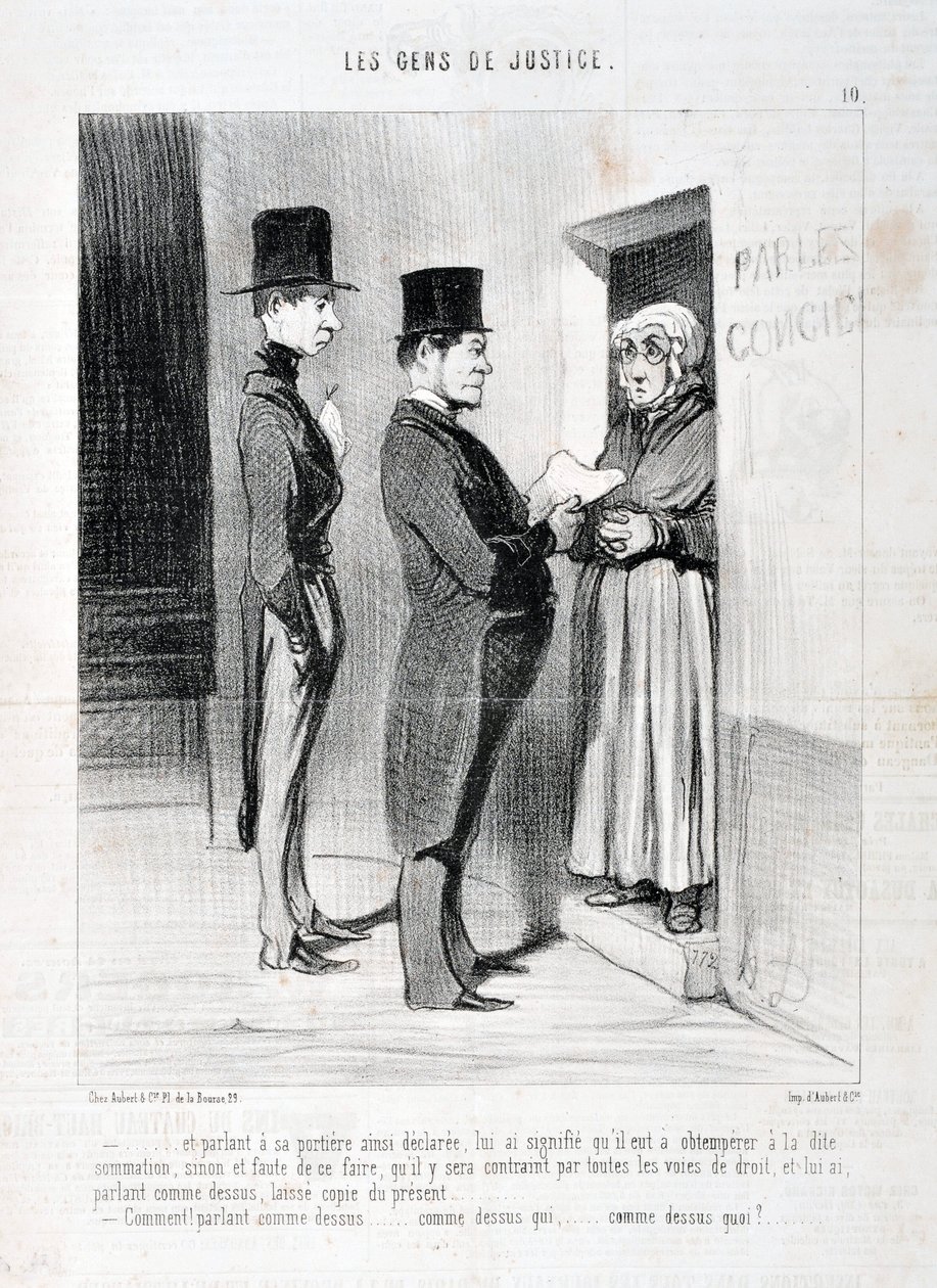 عمل فني من قبل هونور دومير (1808-1879). يعود تاريخ Charivari إلى عام 1845: Serie LES PEANS DE JUSTICE "" -... والتحدث عند باب منزله أعلن ذلك ، عنى له أنه يجب عليه الانصياع للجمع المذكور ، وإلا وإذا فشل في القيام بذلك ، فسيضطر بواسطة الشرف دومييه