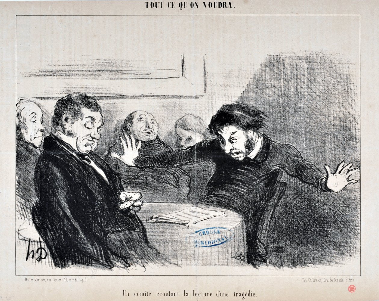 عمل فني من قبل هونور دومير (1808-1879). يعود تاريخ Charivari إلى عام 1852: Serie ALL CE QU'ON VILUA "" - لجنة تستمع إلى قراءة مأساة "" MUSEE DES BEAUX ARTS - PALAIS LONGCHAMP، MARSEILLE بواسطة الشرف دومييه