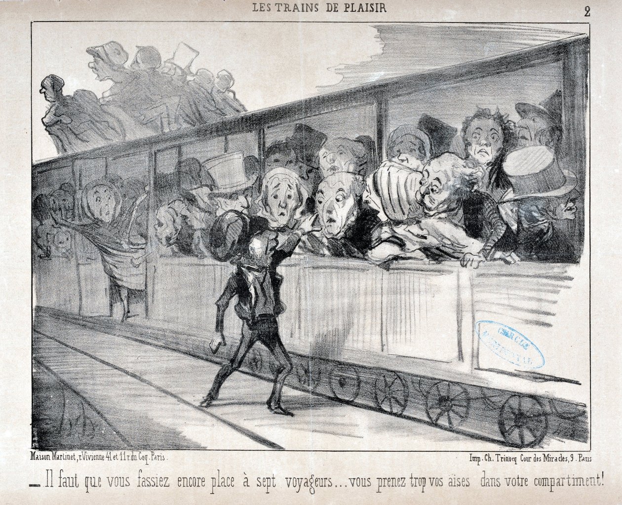 عمل فني من قبل هونور دومير (1808-1879). يعود تاريخ Charivari إلى عام 1852: Serie LES TRAINS DE PLEASURE - عليك توفير مساحة لسبعة ركاب ... أنت مرتاح جدًا في مقصورتك! متحف الفنون الجميلة - قصر لونغ تشامب ، مارسيلي بواسطة الشرف دومييه