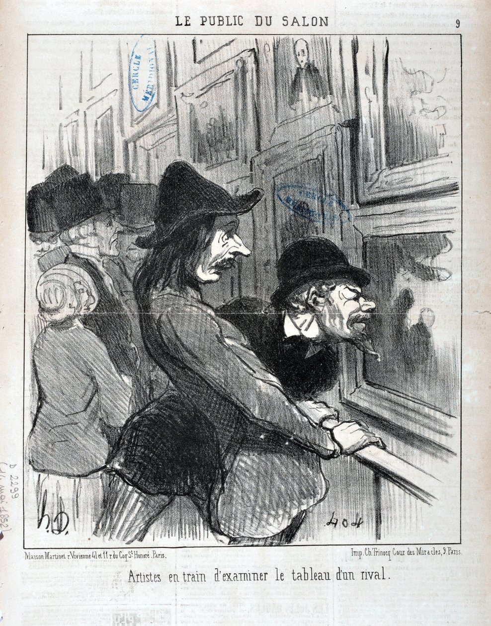 عمل فني من قبل هونور دومير (1808-1879). يعود تاريخ Charivari إلى عام 1852: Serie LE PUBLIC DU SALON - "" فنانون يفحصون لوحة منافس "MUSEE DES BEAUX ARTS - PALAIS LONGCHAMP ، MARSEILLE بواسطة الشرف دومييه