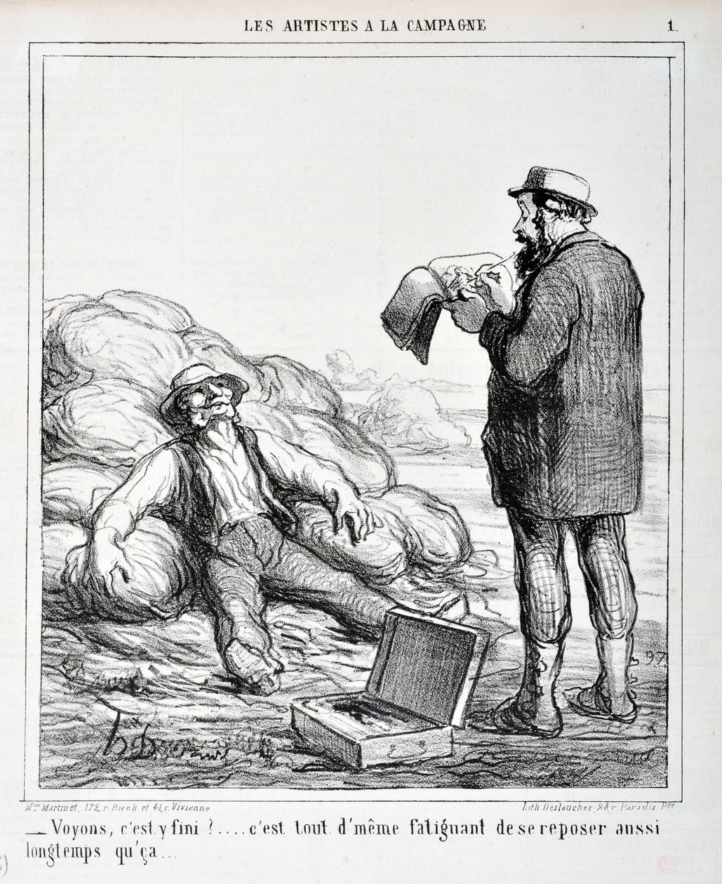 عمل فني من قبل هونور دومير (1808-1879). يعود تاريخ Charivari إلى عام 1865: Serie LES ARTISTS IN THE CAMPAGNE "" - دعنا نرى ، هل انتهى الأمر؟ ... لا يزال الأمر متعبًا للراحة طالما أنه ... "متحف الفنون الجميلة - قصر لونج تشامب ، مرسيل بواسطة الشرف دومييه