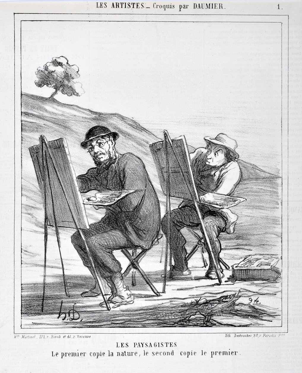 عمل فني من قبل هونور دومير (1808-1879). يعود تاريخ Charivari إلى عام 1865: Serie LES ARTISTS Les paysagistes. "النسخ الأولى بطبيعتها ، النسخة الثانية هي الأولى" "MUSEE DES BEAUTS ARTS - PALAIS LONGCHAMP ، MARSEILLE بواسطة الشرف دومييه