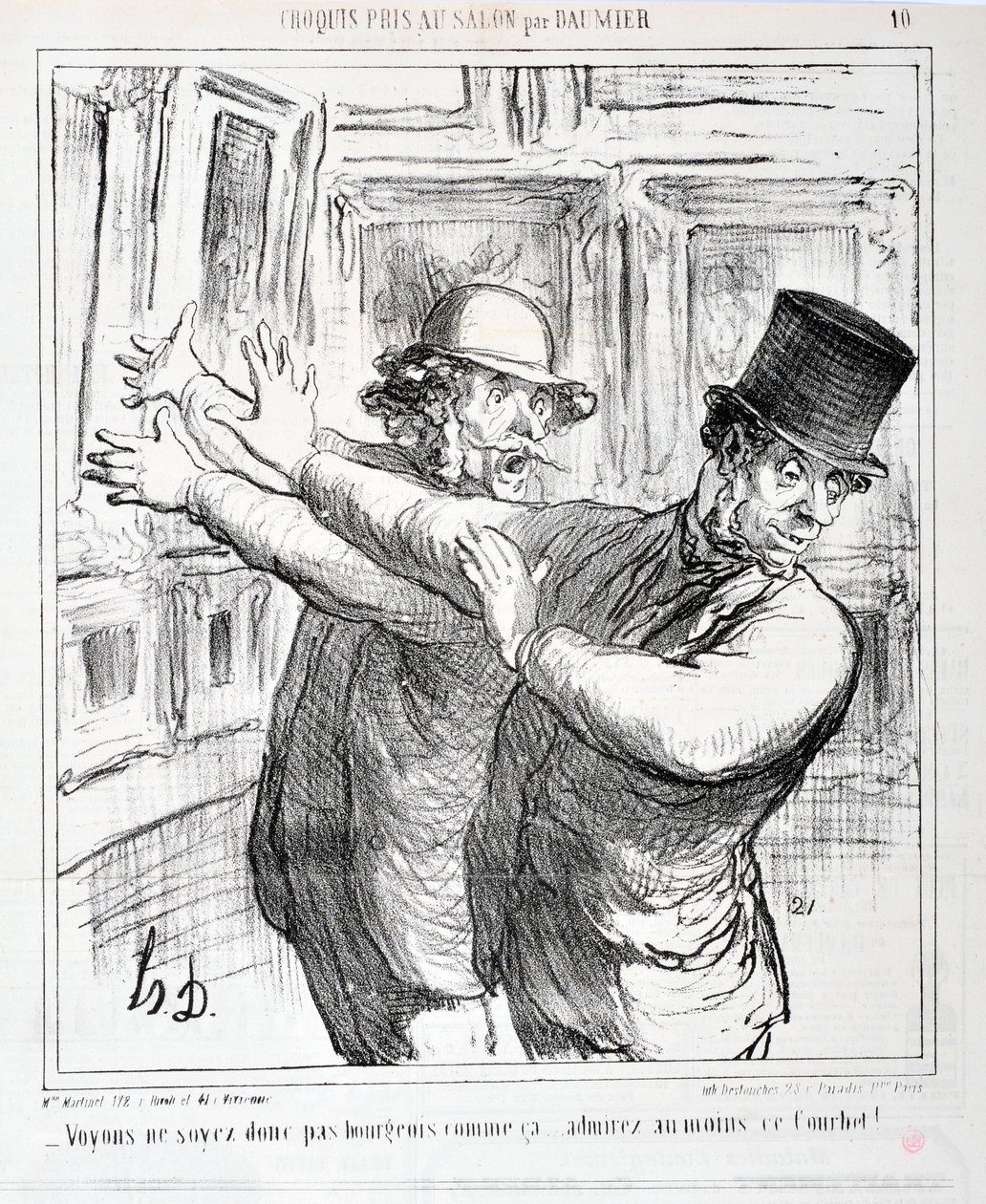 عمل فني من قبل هونور دومير (1808-1879). يعود تاريخ Charivari إلى عام 1865: رسومات Serie Sketches التي تم التقاطها في الصالون "" - فلنكن برجوازيين مثل هذا ... معجب على الأقل هذه Courbet! "" متحف الفنون الجميلة - قصر لونغ تشامب ، مارسيلي بواسطة الشرف دومييه