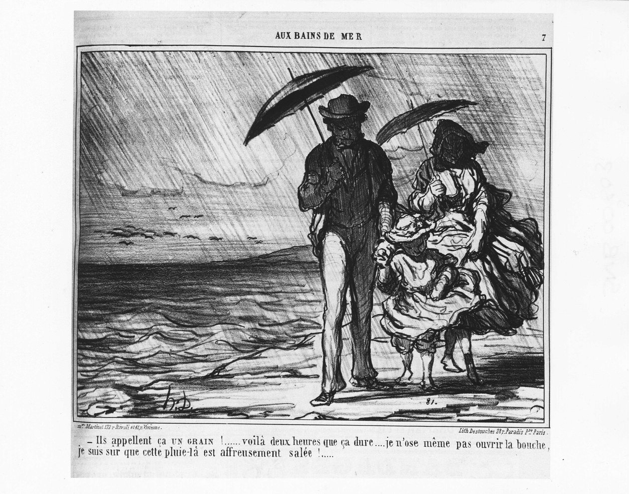 في حمامات البحر: الباريسيون بجانب البحر في المطر الغزير - بقلم دومير ، في "" Charivari "بتاريخ 19/09/1859 بواسطة الشرف دومييه
