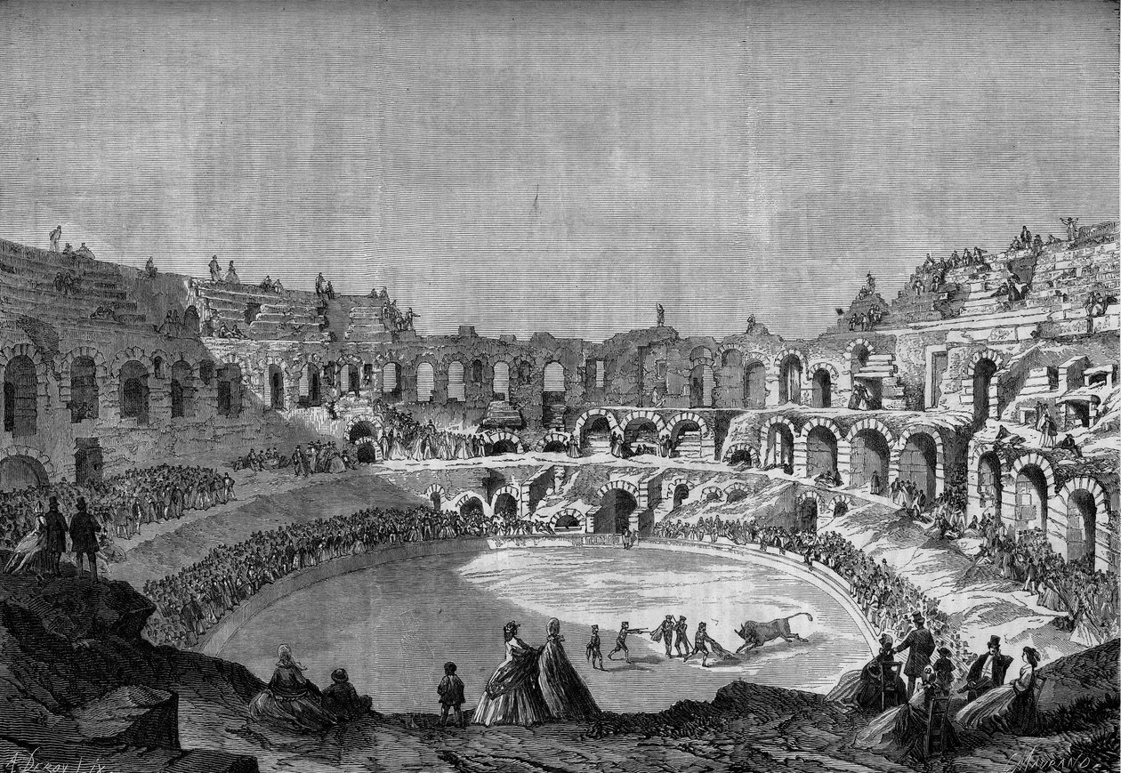 مصارعة الثيران: سباقات الثيران (مصارعة الثيران) في مناطق نيم القديمة (جارد ، 30) مع مصارعة الثيران الإسبانية "" إل تاتو "، 10 مايو بواسطة الشرف دومييه